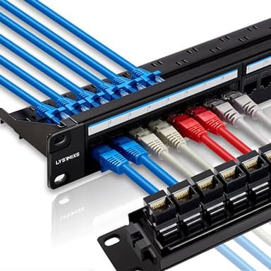 Lysymixs 24 Port RJ45 Patch Panel Cat6 Feed Through, Coupler Network Panel 19 Inch, Inline Keystone Ethernet Patch Panel with Back Bar