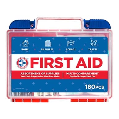 Be Smart Get Prepared 180 Piece First Aid Kit: Clean, Treat, Protect Minor Cuts, Scrapes. Home, Office, Car, School, Business, Travel, Emergency, Survival, Hunting, Outdoor, Camping & Sports, FSA HSA