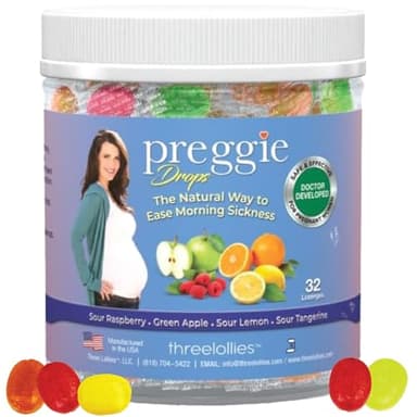 Three Lollies Preggie Pop Drops Pregnancy Nausea Relief Morning Sickness Candy with Essential Oils for Pregnant Women – Flavor Variety Pack, 32 Count