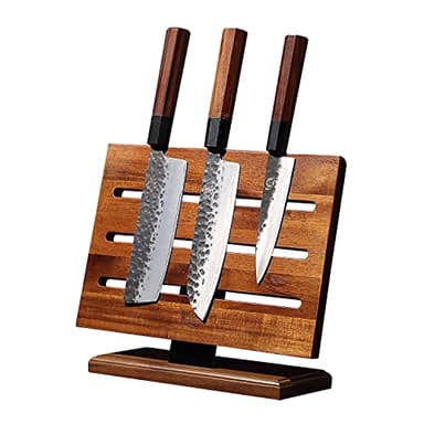 MITSUMOTO SAKARI Double Sided Magnetic Knife Block - 12.5" Acacia Wood Holder for Countertop, Heavy Duty Magnets Stands Holds Chef Knives, Sleek & Secure Storage