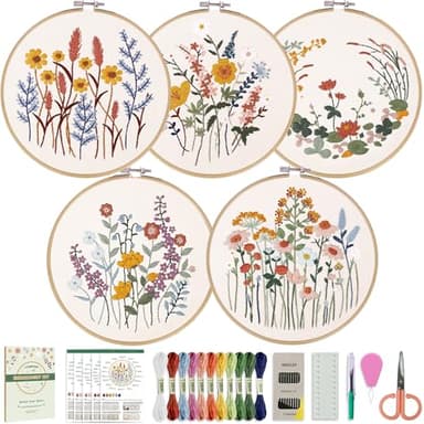 CYANFOUR 5 Pack Beginner Embroidery Kit for Adults, Easy to Learn Floral Embroidery Patterns from Video & Instruction, Needlepoint Kits for Adults Include Embroidery Hoop, Colorful Threads, Tools