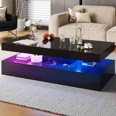 Nordivale 47” High-Glossy LED Coffee Table with 2 Sliding Drawers, Living Room Storage Coffee Tables, Modern Stylish Double-Layer Center Tables with LED Lights, Black