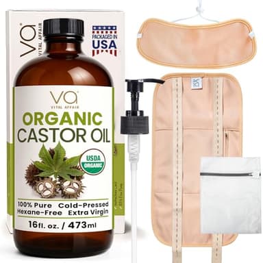 Castor Oil Pack Wrap Kit – USDA Organic, 16 oz Cold-Pressed Hexane-Free Castor Oil in Glass Bottle | Adjustable Cotton Flannel Waist & Neck Wraps | Made in USA | Liver, Abdominal & Detox Therapy