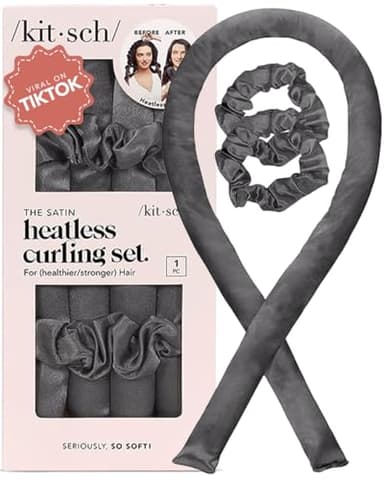 Kitsch Satin Heatless Curlers Set – Heatless Curls Overnight with 34" Hair Curler & 2 Satin Scrunchies – Comfortable Hair Curlers to Sleep In for Frizz-Free, No Heat Damage Styling - Charcoal