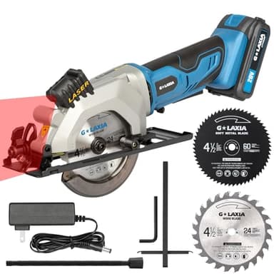 G LAXIA Mini Circular Saw, 4-1/2"" 3400RPM Cordless Circular Saw with Laser Guide, Rip Guide, Compact Hand Saw with 2Pcs blades（24T+60T), Max Cutting Depth 1-11/16""(90°), 1-1/8""(45°), Blue