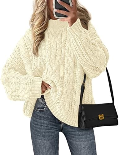 PRETTYGARDEN Women's Oversized Fall Sweaters 2026 Casual Long Sleeve Crewneck Chunky Cable Knit Pullover Tops Winter Clothes (Beige,Medium)