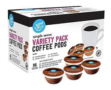 Amazon Brand - Happy Belly Variety Pack Compostable Coffee Pods, Compatible with K-Cup Brewer (Breakfast Blend, Dark/ Medium/ French Roast) 96 count (Pack of 1)