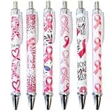YJ PREMIUMS 6PC Pink Breast Cancer Awareness Black Ink Ball Point Writing Pens Ribbon Bress Breat Pen School Desk Decor Office Supplies Accessories Items Bulk Gift Gifts for Women Nurse Girls