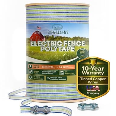 Electric Fence Polytape 1640ft - High Visibility 3/4" Livestock Fence Tape with 6 Tinned Copper Wire, 0.2 Ohm Low Resistance, 330lb Strength - Safe Horse & Goat Fencing, UV Resistant, 10-Year Warranty