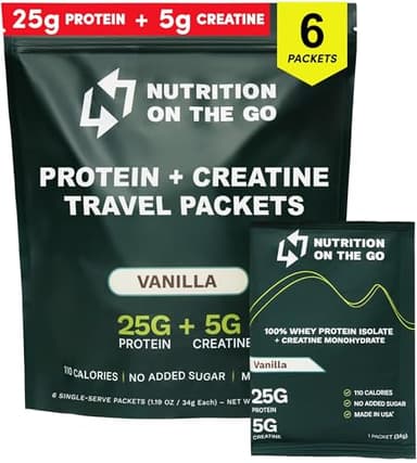 Nutrition On The Go Whey Protein Isolate Packets with Creatine – 25g Protein + 5g Creatine – Single-Serve Travel Protein Powder – Vanilla (6-Pack)