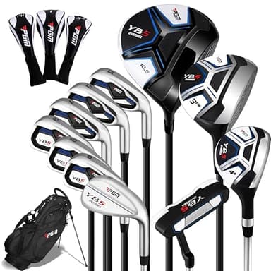 PGM Men's Complete Golf Club Sets - 11 Pieces - 2 Wood (#1,3), 1 Hybrid (#4H), 7 Irons(#5,6,7,8,9,PW,SW), 1 Putter - Golf Stand Bag - Right Handed - Ideal for Beginners