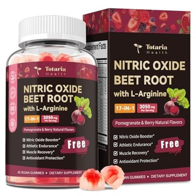 Beet Root Nitric Oxide Booster Gummies with L-Arginine, L-Citrulline, Grape Seed, Pomegranate for Man & Woman Pre Workout - Heart, Energy, Muscle & Circulation Support Vegan, NON-GMO, Sugar Free