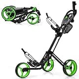 GYMAX Folding Push Cart, 3 Wheel Height Adjustable Lightweight Golf Trolley W/Umbrella Holder & Mesh Bag, Quick Open Fold Cart (Green)