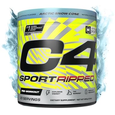 C4 Ripped Sport Pre Workout Powder - NSF Certified for Sport - 200mg Caffeine + Cayenne Extract + Carnitine Tartrate + Beta-Alanine - Artic Snow Cone, 20 Servings