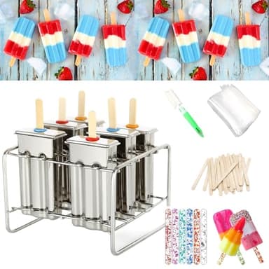 Set of 6 Stainless Steel Popsicle Molds Kit, Homemade Ice Treat Makerwith 50 Wooden Sticks and 6 Silicone Seals and 20 Pop Bags,Cleaning Brush（Square）