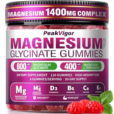 5 IN 1 Magnesium Glycinate Gummies,1400mg Magnesium Complex with Glycinate, L-Threonate, Vitamin B6, CoQ10 & Black Pepper, Organic, Non-GMO, Third-Party Tested, Gut-Friendly & Easy-to-Chew 120 Gummies
