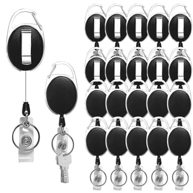 Diateklity 20 Pack Retractable Badge Holder with Carabiner Reel Clip, Badge Reel Bulk ID Card Key Holder with Ring, Sturdy Black Key Chain Extender for Office Work Employee