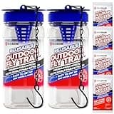 2 Fly Traps Outdoor Fly Trap for Patio with 4 Non-Toxic Dissolvable Bait Refills. Reusable Hanging Bug Catcher Killer for All Filth Flies for Outside Bug Control Yard Ranch. Hanging Chains Included