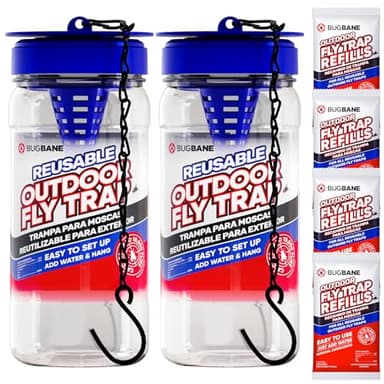 2 Fly Traps Outdoor Fly Trap for Patio with 4 Non-Toxic Dissolvable Bait Refills. Reusable Hanging Bug Catcher Killer for All Filth Flies for Outside Bug Control Yard Ranch. Hanging Chains Included