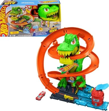 Hot Wheels Toy Car Track Set, City T-Rex Blaze Battle Playset & 1:64 Scale Die-Cast Vehicle, 18” Tall, Multiple Race Outcomes, Spinning Dinosaur Eyes