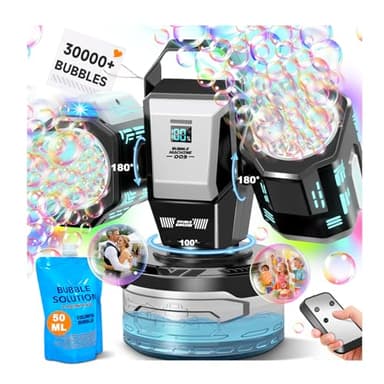 Rechargeable Bubble Machine with RGB Lights: 30,000 Bubbles Storm, Auto 360° Rotation & Remote Control - with Bubble Refill Solution & Power Display for Romantic Weddings, Kids Parties, Outdoor Fun