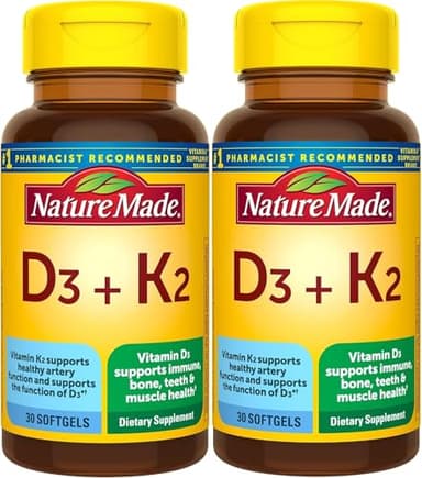 Nature Made Vitamin D3 K2, 5000 IU (125 mcg) Vitamin D, Dietary Supplement for Bone, Teeth, Muscle and Immune Health Support, 30 Softgels, 30 Day Supply - Pack of 2