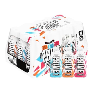 Prime Zero Variety Berry Ice, Cherry Ice, & Orange Ice Sugar Free Sports Drinks, Electrolyte Enhanced to Replenish Fluids, B Vitamins, Antioxidants, Low Calorie, Natural Flavors, 12 Fl Oz, 15 Pack