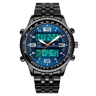 VIGOROSO Men's LED Analog Digital Date Week Sports Outdoor Steel Blue Dial Watch