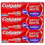Colgate Optic White Purple Toothpaste for Teeth Whitening, Teeth Whitening Toothpaste with Fluoride, Helps Remove Surface Stains and Polishes Teeth, Enamel-Safe for Daily Use, Mint, 3 Pack, 4.2 oz