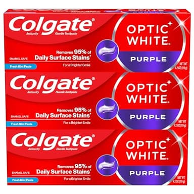 Colgate Optic White Purple Toothpaste for Teeth Whitening, Teeth Whitening Toothpaste with Fluoride, Helps Remove Surface Stains, Enamel-Safe for Daily Use, Mint, 3 Pack, 4.2 oz