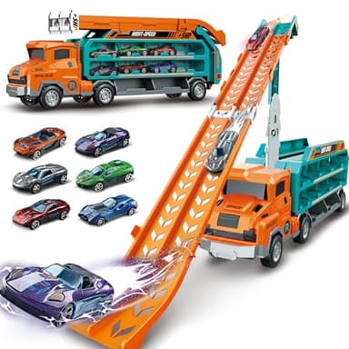 Toddler Car Truck Toys,Car Carrier Truck Toy for Kids Age 3-5 4-8,Foldable Car Track Sets with 2.8-Ft Race Track and 6 Die-Cast Race Cars, Truck Toys Gifts for 3 4 5 6 7 8+ Year Old Boys Girls(orange)