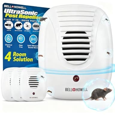Bell+Howell 4 Pk Upgraded 2026 Ultrasonic Pest Repeller Indoor, Mice Repellent Indoor Home Kit, DIY Pest Control at Home, Plug in Spider Repellent, Rodent Repellent, Bug, Insect, Family & Pet Safe