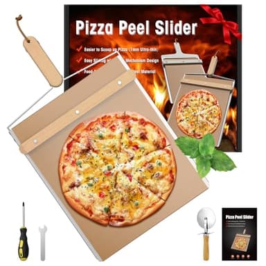 KHKJROS Non-Stick Sliding Pizza Peel 16" & 22x13 Metal Board, Bamboo Paddle w/Detachable Handle & Free Pizza Cutter for Beginners, Outdoor Oven Baking