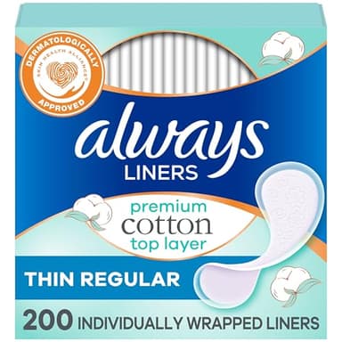Always Premium Cotton Panty Liners for Women, Individually Wrapped Pantiliners, Unscented, Fragrance Free, Made with a Premium Cotton Top Layer, Regular Absorbency, 200 Count