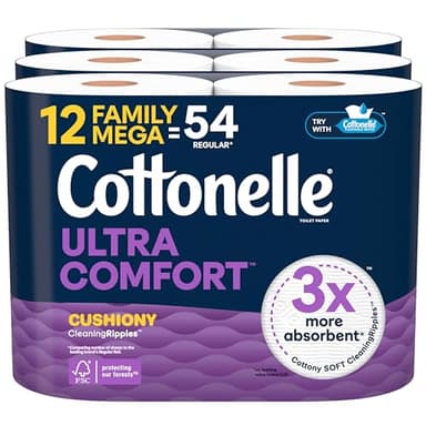 Cottonelle Ultra Comfort Toilet Paper with Cushiony CleaningRipples Texture, 12 Family Mega Rolls = 54 Regular Rolls