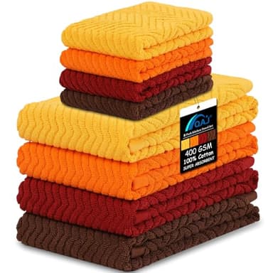 QAJ 100% Cotton Kitchen Towels and Dishcloths Set, Pack of 8 Super Absorbent 16" x 25" Kitchen Towels and 13" x 13" Dish Cloths (400 GSM)