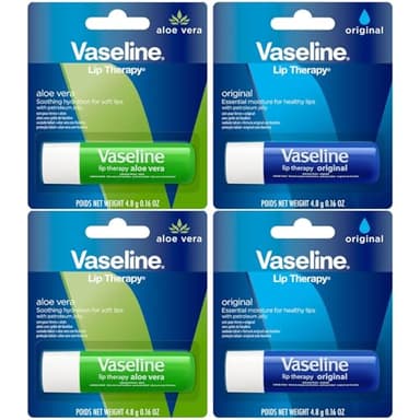 Vaseline Lip Therapy Variety 4-Pack – Original + Aloe Vera Moisturizing Lip Balm with Vitamin E, 0.16 Oz Ea