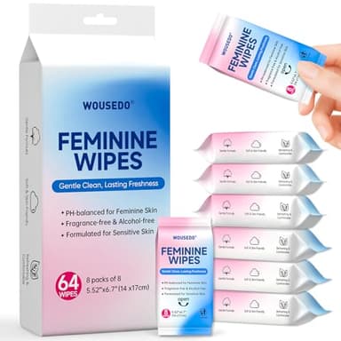 Feminine Hygiene Wipes for Women, pH Balanced & Hypoallergenic Intimate Wipes, Alcohol-Free, Gentle Female Personal Wipes, Convenient Mini Packs for Daily Use & On-The-Go，64 Wipes (Pack of 8)