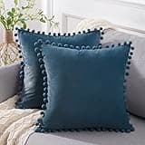Top Finel Dusty Blue Decorative Throw Pillow Covers 18 x 18 Inches Set of 2, Soft Velvet Square Cushion Case with Pom-poms for Couch Bed Sofa Living Room, Grey Blue Boho Home Decor