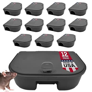 Exterminators Choice Compact Mouse Bait Station - Heavy-Duty Outdoor Rat Bait Box - Lockable Design with Key - Versatile Indoor & Outdoor Use - Pack of 12, Black, 4.75in x 3.5in x 1.25in