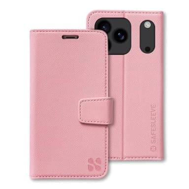 SafeSleeve Wallet Leather Case for iPhone 17 Pro EMF Blocker for Cell Phone with 3 Card Holder & Adjustable Stand – Magnetic Closure, and Magnetic Folio Protection for Daily Use (Rose Pink)