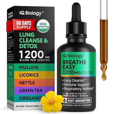 IQ BIOLOGY Mullein Drops for Lungs - USDA Organic Mullein Supplement - Made in USA - Lung Detox for Smokers, Bronchial Cleanse for Respiratory to Clear Lungs, Break Up Mucus*, 2 oz