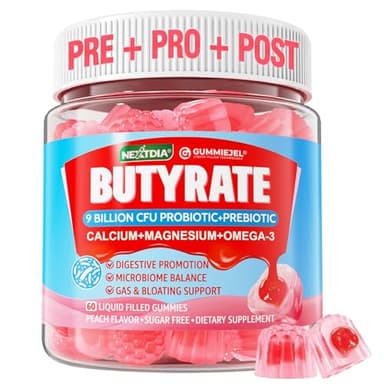 Butyrate Gummies with Probiotic + Prebiotic + Postbiotic, Omega-3 500mg,Fiber with 9 Billion CFU Probiotics, Calcium & Magnesium, Inulin,Psyllium Husk for Digestive Health,Bloating Support,Sugar Free