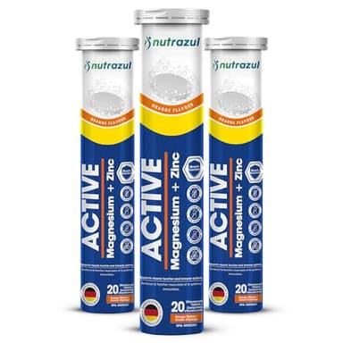 Nutrazul Active Magnesium & Zinc Effervescent Tablets, Helps Maintain Muscle Function & Electrolyte Balance, 300mg Magnesium Supplement, 10mg Zinc, Orange Flavor, 60 Tablets