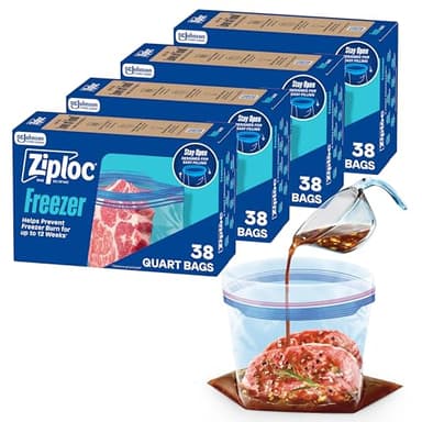Ziploc Quart Food Storage Freezer Bags, 152ct Total, Stand-Up Bottom, Easy to Fill, 38 Count, 4 Pack (Packaging May Vary)