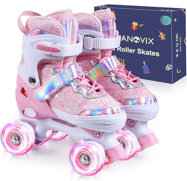 Huanovix Roller Skates for Kids, 4 Size Adjustable Rollerskates with Light Up Wheels, 10C to 6 Beginner Youth Roller Skates for Girls Boys Toddlers Indoor Outdoor, Pink, Medium
