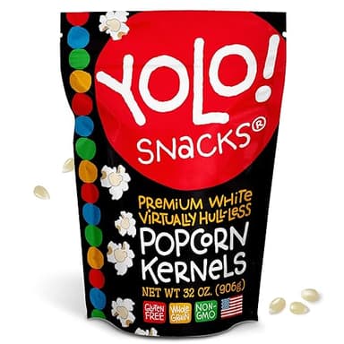 YOLO! Gourmet Virtually Hulless Popcorn Kernels, Premium White Butterfly Popping Corn, Non GMO, Gluten Free, Vegan, 32 Oz Resealable Bag (Pack of 1)