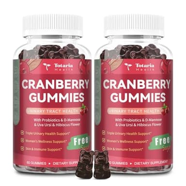 Totaria 2 Pack Vegan Cranberry Gummies with D-Mannose, Probiotic & Vitamin C & Uva Ursi - Women Urinary Tract Health & Immune Support -Suger Free Cranberry Supplements for Women - 120 Count