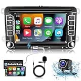 Android for VW Jetta Seat Passat Tiguan CC Golf Skoda Double Din Car Stereo with Wireless Carplay/Android Auto 7 Inch HD Touchscreen Head Unit GPS WiFi Bluetooth SWC FM Backup Camera Dual Mic