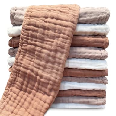 Muslin Burp Cloths for Baby 100% Cotton Burping Cloths for Unisex, Boy, Girl - Large 20'' by 10'' Newborn Essentials Ultra Soft Absorbent Milk Spit Up Rags - 12 Pack - White+Light Bean Paste Series